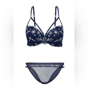 Adore Me Estelle bra (38B) and panty (XL) set (blue with grey embroidery)
